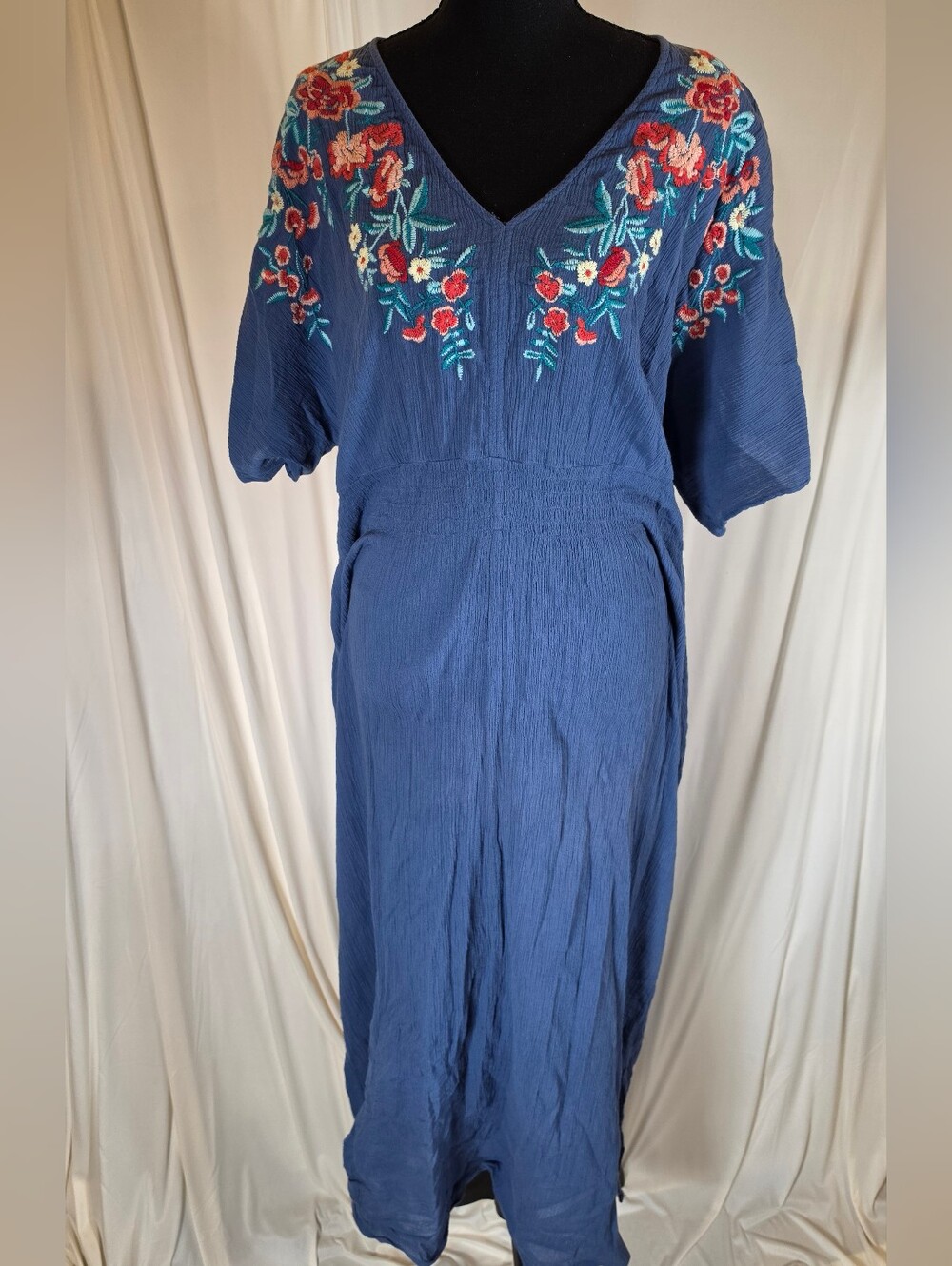Dreams & Co Plus Size 1X 22/24 Blue Embroidered Boho Crinkle Maxi Dress Lounge
